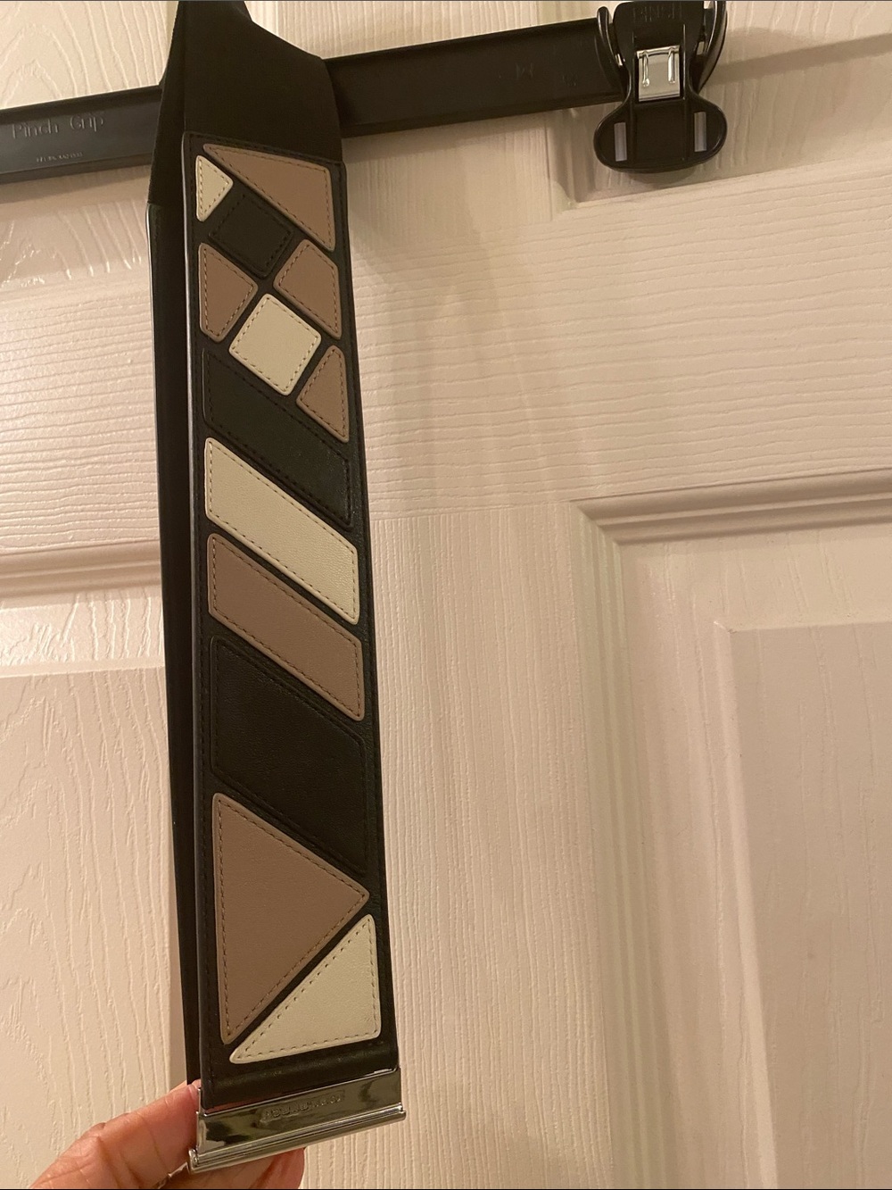 Tory Burch Kira Chevron Belt with Neutral Geometric Inlay - Black, Taupe & Cream